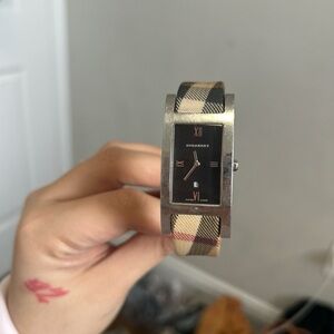 Burberry Beige and Red Plaid Strap with Silver Buckle